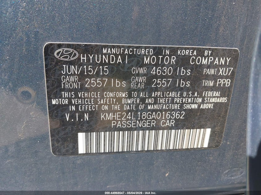 2016 Hyundai Sonata VIN KMHE24L18GA016362 IAAI salvage auction — RIGHT SIDE, Salvage (Connecticut), sold $1,350 on 2026-07-10 (photo 9)