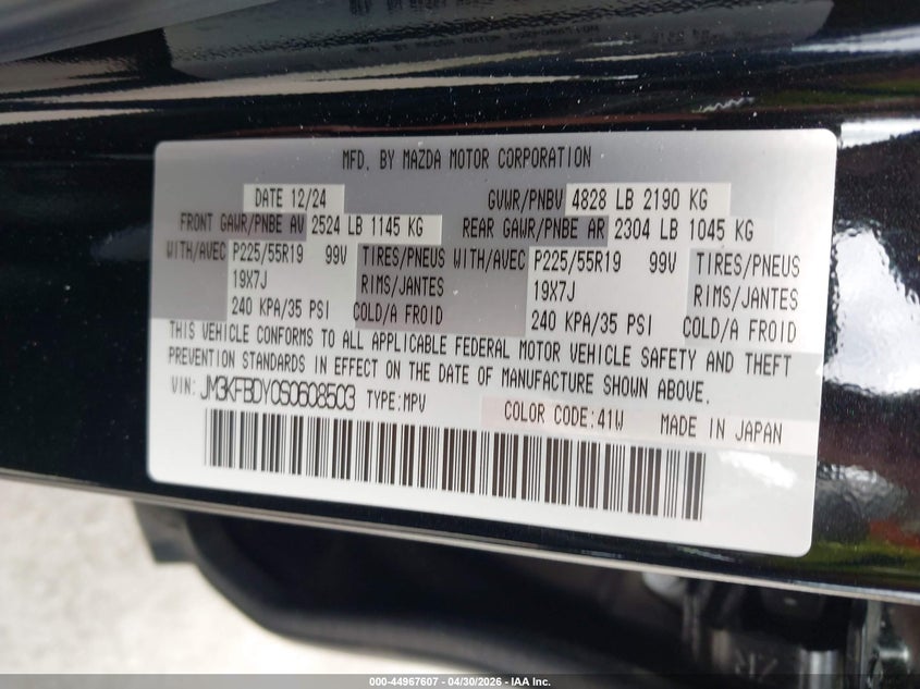 2025 Mazda Cx-5 VIN JM3KFBDY0S0608503 IAAI salvage auction — LEFT FRONT, Salvage (California), sold $14,250 on 2026-07-06 (photo 9)