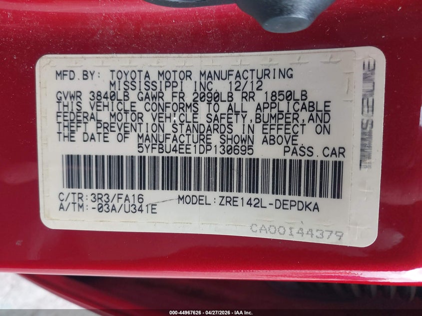 2013 Toyota Corolla VIN 5YFBU4EE1DP130695 IAAI salvage auction — REAR END, Salvage (Oregon), sold $2,250 on 2026-07-09 (photo 9)