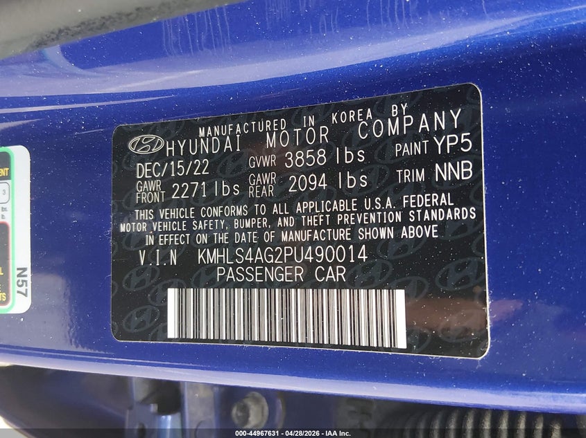 2023 Hyundai Elantra VIN KMHLS4AG2PU490014 IAAI salvage auction — FRONT END, Salvage (New Jersey), sold $3,250 on 2026-07-13 (photo 9)