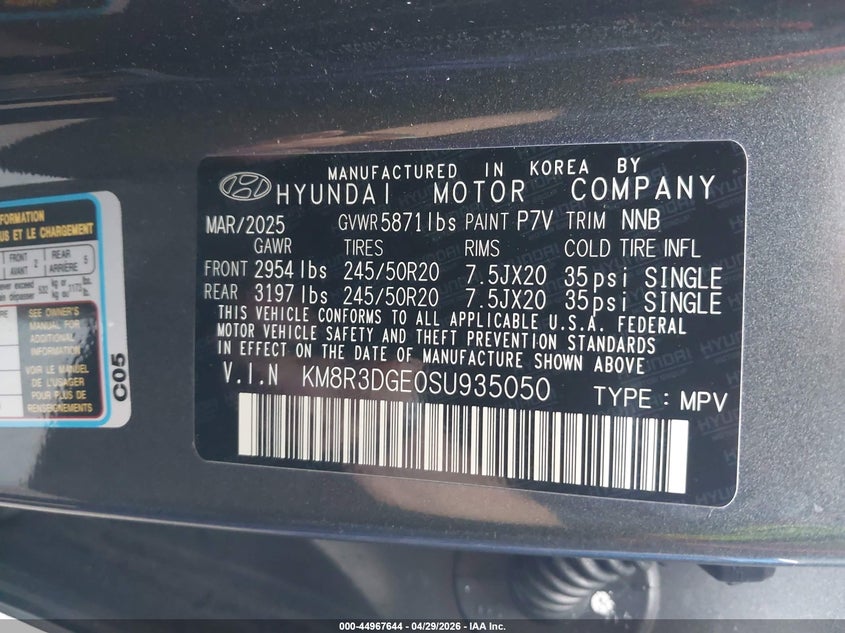 2025 Hyundai Palisade VIN KM8R3DGE0SU935050 IAAI salvage auction — HAIL, Salvage (Ohio), sold $14,200 on 2026-07-28 (photo 9)