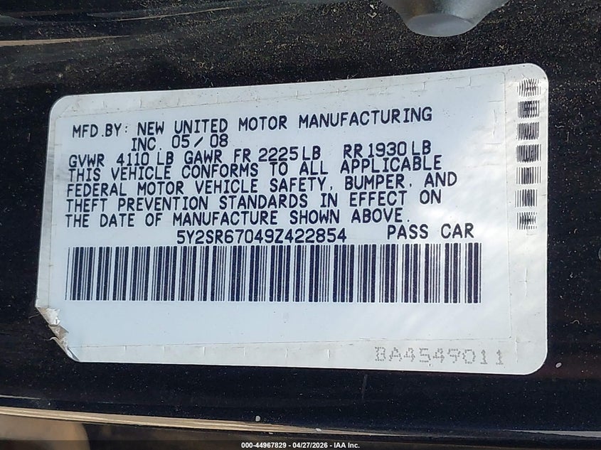 2009 Pontiac Vibe VIN 5Y2SR67049Z422854 IAAI salvage auction — FRONT END, Clear (Oklahoma), sold $25 on 2026-09-08 (photo 9)