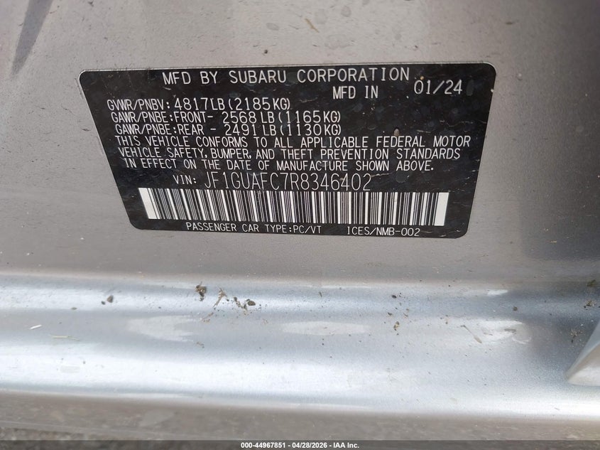 2024 Subaru Impreza VIN JF1GUAFC7R8346402 IAAI salvage auction — LEFT & RIGHT, Salvage (Texas), sold $3,850 on 2026-07-07 (photo 9)