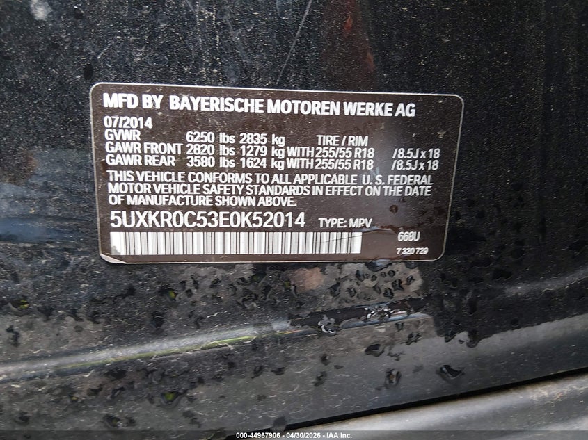 2014 BMW X5 VIN 5UXKR0C53E0K52014 IAAI salvage auction — FRONT END, Clear (South Carolina), sold $2,050 on 2026-07-28 (photo 9)
