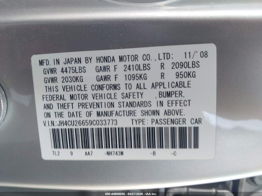 2009 Acura Tsx VIN JH4CU26659C033773 IAAI salvage auction — FRONT END, Salvage (Texas), sold $300 on 2026-07-28 (photo 9)