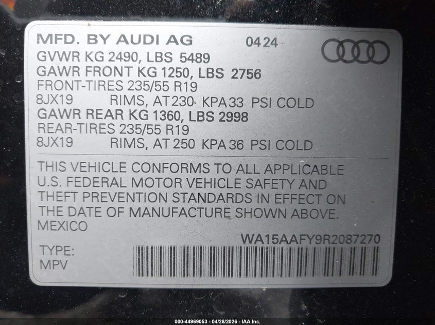 2024 Audi Q5 sportback VIN WA15AAFY9R2087270 IAAI salvage auction — SIDE, Salvage Title, sold $20,100 on 2026-07-16 (photo 9)