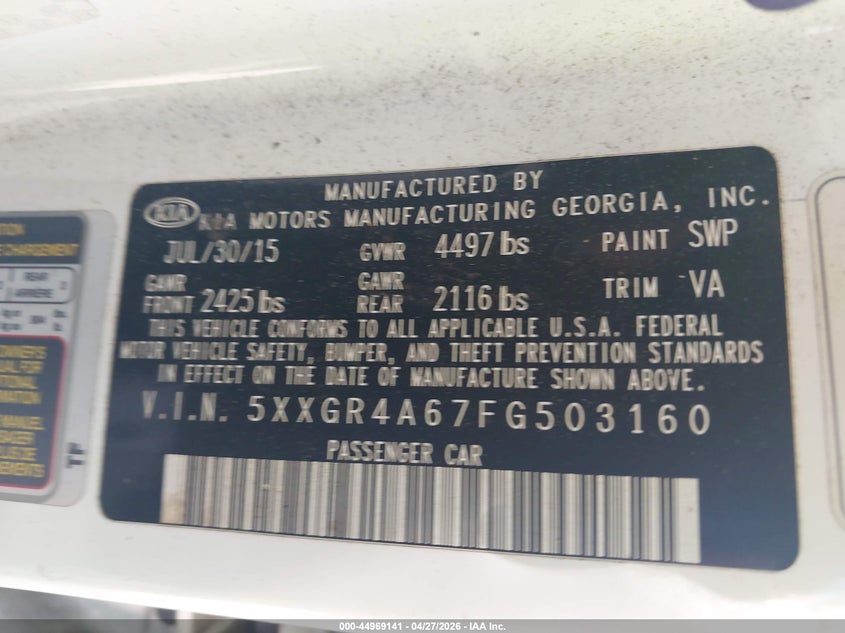 2015 Kia Optima VIN 5XXGR4A67FG503160 IAAI salvage auction — FRONT END, Salvage Title, sold $450 on 2026-07-20 (photo 9)