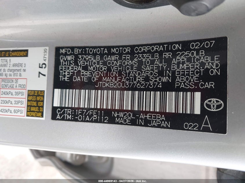 2007 Toyota Prius VIN JTDKB20U377627374 IAAI salvage auction — REAR END, Salvage (California), sold $750 on 2026-07-15 (photo 9)