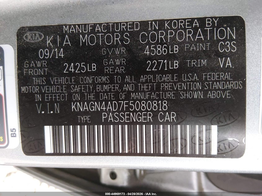2015 Kia Optima VIN KNAGN4AD7F5080818 IAAI salvage auction — FRONT END, Salvage (Oregon), sold $1,200 on 2026-07-13 (photo 9)
