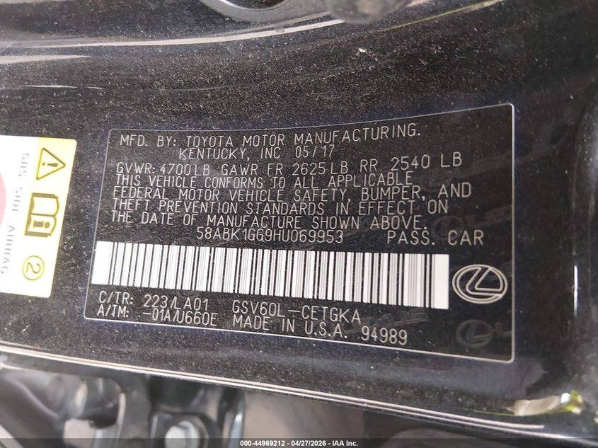2017 Lexus ES VIN 58ABK1GG9HU069953 IAAI salvage auction — FRONT END, Clear (Indiana), sold $2,850 on 2026-07-26 (photo 9)