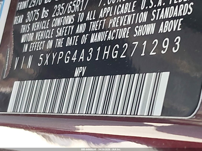 2017 Kia Sorento VIN 5XYPG4A31HG271293 IAAI salvage auction — REAR END, Original (Texas), sold $1,875 on 2026-07-24 (photo 9)