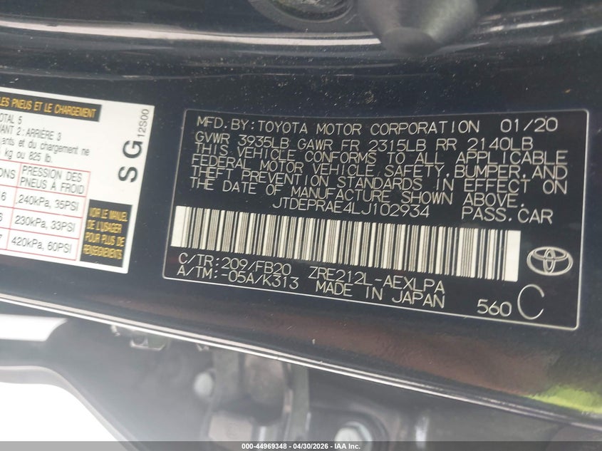 2020 Toyota Corolla VIN JTDEPRAE4LJ102934 IAAI salvage auction — FRONT END, Salvage (Texas), sold $4,225 on 2026-07-31 (photo 9)