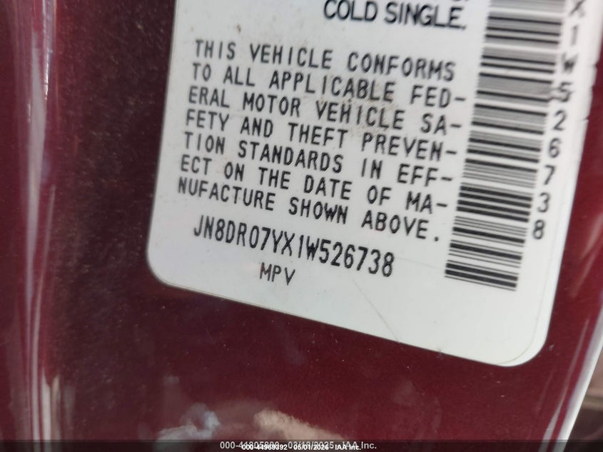 2001 Nissan Pathfinder VIN JN8DR07YX1W526738 IAAI salvage auction — FRONT END, Salvage (Idaho), sold $25 on 2026-07-28 (photo 9)