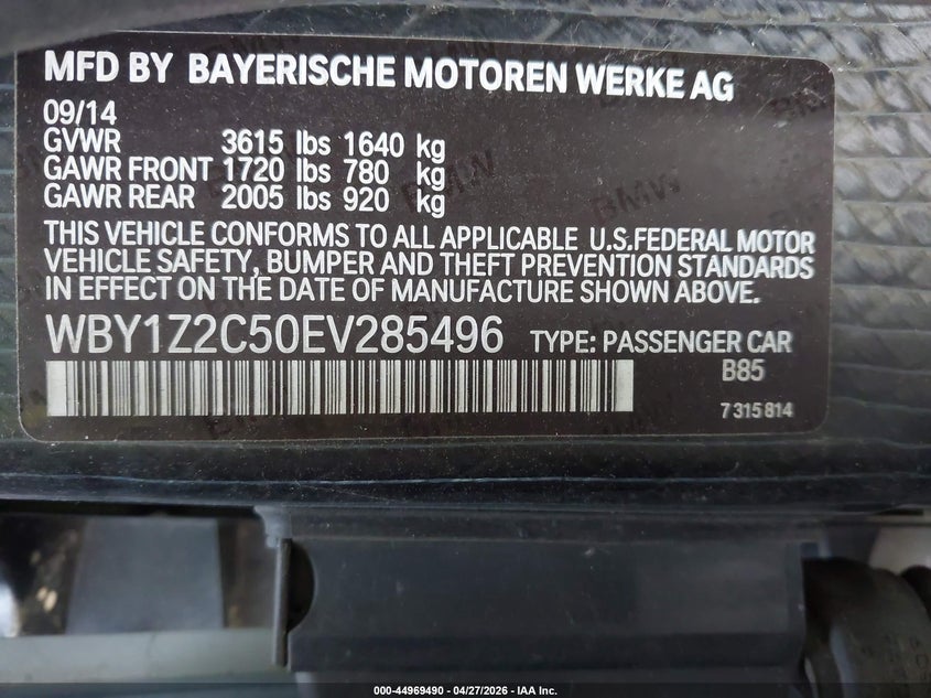 2014 BMW I3 VIN WBY1Z2C50EV285496 IAAI salvage auction — NORMAL WEAR, Wait Title, sold $125 on 2026-07-29 (photo 9)