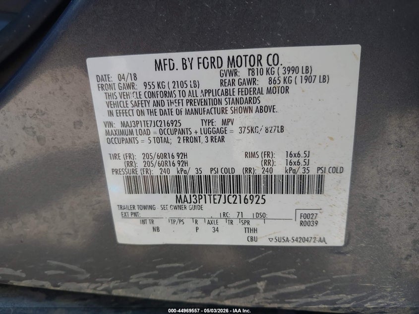 2018 Ford Ecosport VIN MAJ3P1TE7JC216925 IAAI salvage auction — HAIL, Salvage (Iowa), sold $1,850 on 2026-07-06 (photo 9)