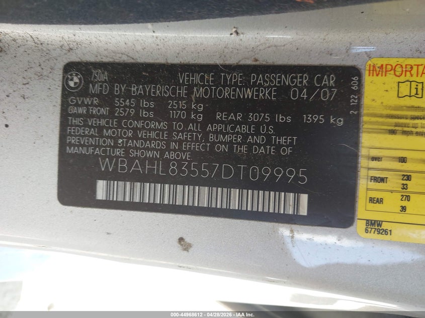 2007 BMW 7 series VIN WBAHL83557DT09995 IAAI salvage auction — NORMAL WEAR, Salvage (California), sold $500 on 2026-07-09 (photo 9)