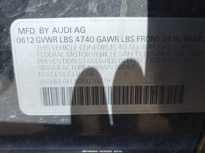 2013 Audi A4 VIN WAUEFAFL9DN010219 IAAI salvage auction — NORMAL WEAR, Salvage (Texas), sold $250 on 2026-07-14 (photo 9)