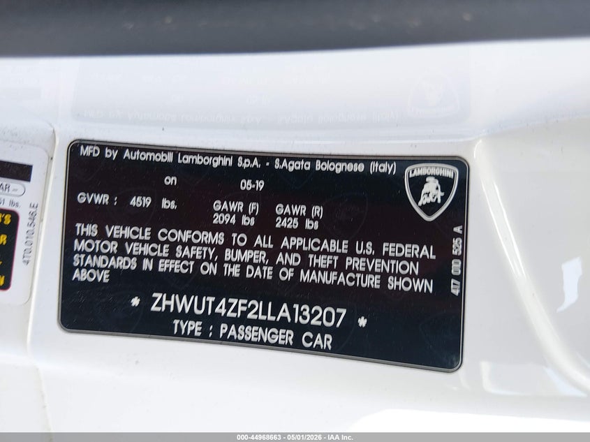 2020 Lamborghini Huracan VIN ZHWUT4ZF2LLA13207 IAAI salvage auction — ALL OVER, Wait Title, sold $79,250 on 2026-07-23 (photo 9)