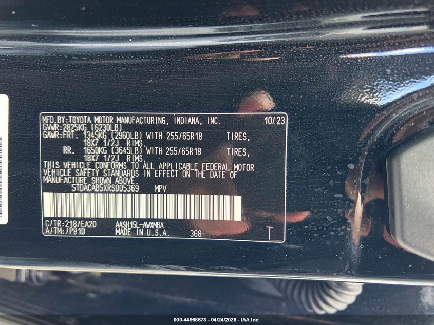 2024 Toyota Highlander VIN 5TDACAB5XRS005369 IAAI salvage auction — NORMAL WEAR, Clear (Pennsylvania), sold $29,875 on 2026-07-08 (photo 9)
