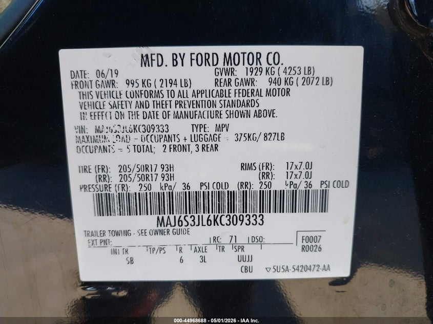 2019 Ford Ecosport VIN MAJ6S3JL6KC309333 IAAI salvage auction — RIGHT SIDE, Mv-907A (New York), sold $650 on 2026-07-07 (photo 9)