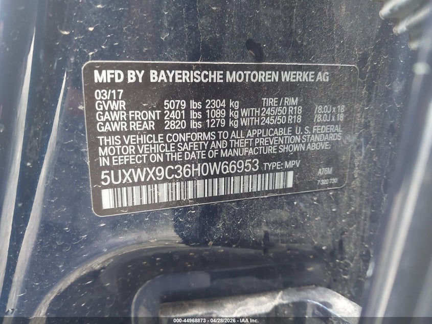 2017 BMW X3 VIN 5UXWX9C36H0W66953 IAAI salvage auction — FRONT END, Clear (Oklahoma), sold $850 on 2026-07-21 (photo 9)