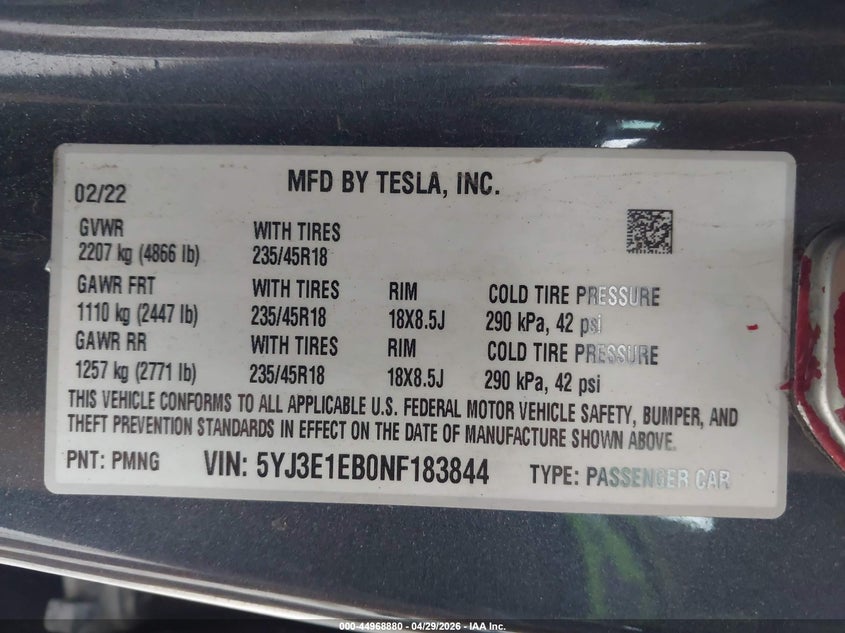 2022 Tesla Model 3 VIN 5YJ3E1EB0NF183844 IAAI salvage auction — FRONT END, Salvage Title, sold $7,400 on 2026-07-08 (photo 9)
