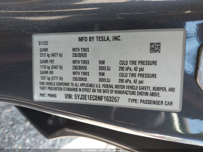 2022 Tesla Model 3 VIN 5YJ3E1EC8NF163267 IAAI salvage auction — RIGHT SIDE, Salvage - 75% Or Less (Maryland), sold $10,300 on 2026-07-16 (photo 9)