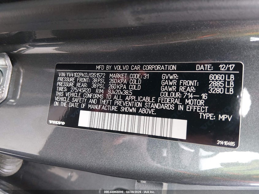 2018 Volvo Xc90 VIN YV4102PK0J1351572 IAAI salvage auction — LEFT SIDE, Salvage Title, sold $6,200 on 2026-08-08 (photo 9)