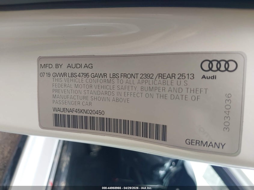 2019 Audi A4 VIN WAUENAF45KN020450 IAAI salvage auction — LEFT SIDE, Salvage (Tennessee), sold $8,800 on 2026-07-15 (photo 9)