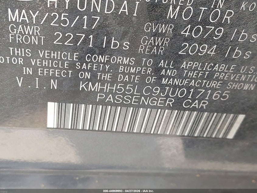 2018 Hyundai Elantra VIN KMHH55LC9JU017165 IAAI salvage auction — FRONT & REAR, Salvage Title, sold $550 on 2026-07-28 (photo 9)