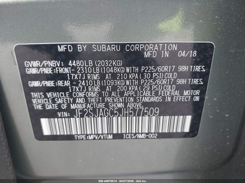 2018 Subaru Forester VIN JF2SJAGC5JH577509 IAAI salvage auction — SIDE, Rebuildable (Florida), sold $375 on 2026-07-20 (photo 9)