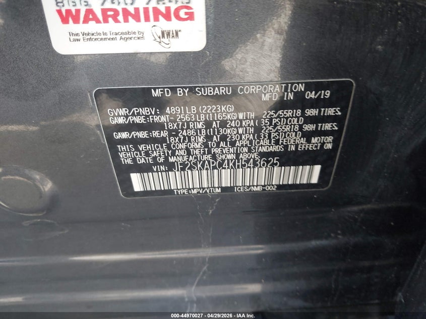 2019 Subaru Forester VIN JF2SKAPC4KH543625 IAAI salvage auction — LEFT FRONT, Salvage (Illinois), sold $2,750 on 2026-07-20 (photo 9)