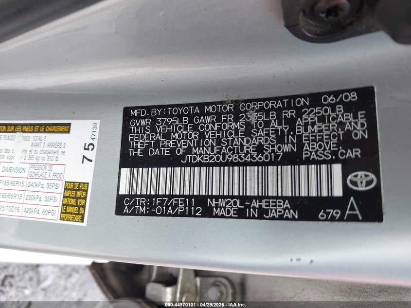2008 Toyota Prius VIN JTDKB20U983436017 IAAI salvage auction — NORMAL WEAR, Bill Of Sale (Georgia), sold $500 on 2026-07-21 (photo 9)