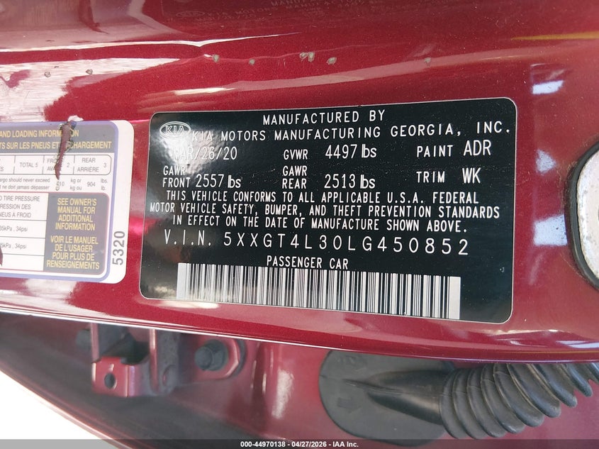 2020 Kia Optima VIN 5XXGT4L30LG450852 IAAI salvage auction — FRONT END, Salvage (Tennessee), sold $550 on 2026-07-06 (photo 9)