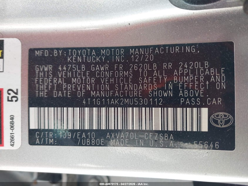 2021 Toyota Camry VIN 4T1G11AK2MU530112 IAAI salvage auction — LEFT REAR, Salvage (Alabama), sold $6,200 on 2026-07-18 (photo 9)