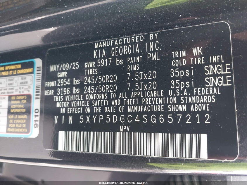 2025 Kia Telluride VIN 5XYP5DGC4SG657212 IAAI salvage auction — RIGHT FRONT, Salvage Title, sold $17,050 on 2026-07-22 (photo 9)