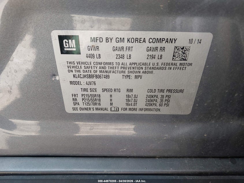 2015 Buick Encore VIN KL4CJHSB8FB067489 IAAI salvage auction — FRONT END, Junk Bill Of Sale Mv2459 (Wisconsin), sold $375 on 2026-07-14 (photo 9)
