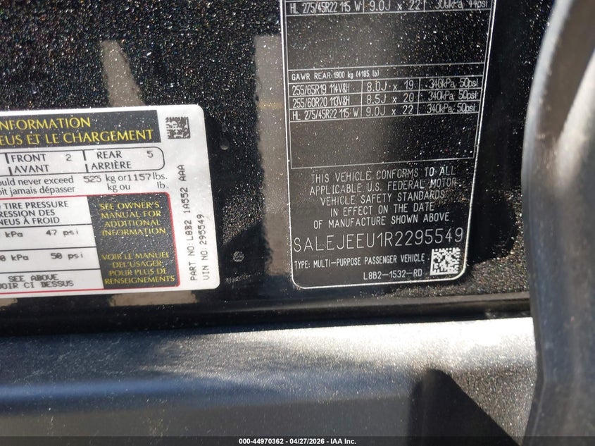 2024 Land rover Defender VIN SALEJEEU1R2295549 IAAI salvage auction — FRONT END, Salvage Title, sold $23,825 on 2026-07-06 (photo 9)