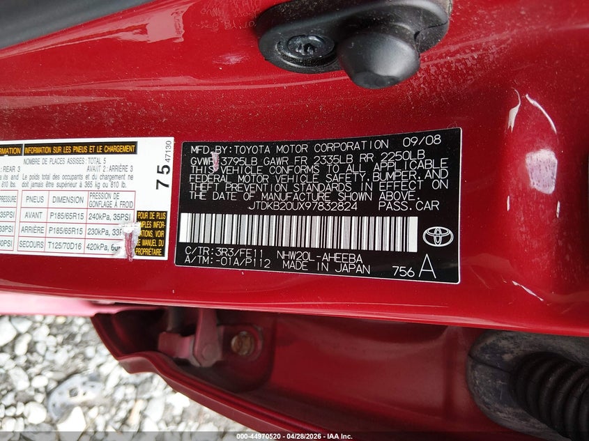 2009 Toyota Prius VIN JTDKB20UX97832824 IAAI salvage auction — REAR END, Salvage (Idaho), sold $750 on 2026-07-20 (photo 9)