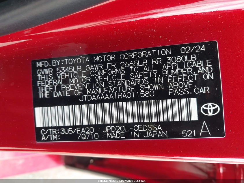 2024 Toyota Mirai VIN JTDAAAAA1RA011580 IAAI salvage auction — RIGHT SIDE, Salvage (California), sold $2,400 on 2026-08-01 (photo 9)