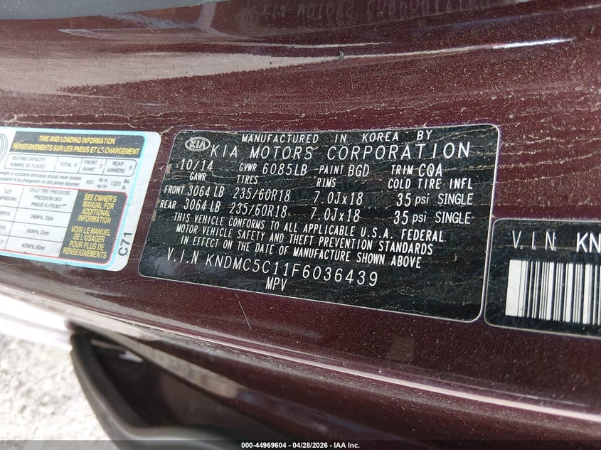 2015 Kia SEDONA VIN KNDMC5C11F6036439 IAAI salvage auction — UNKNOWN, Salvage (New Jersey), sold $25 on 2026-07-20 (photo 9)