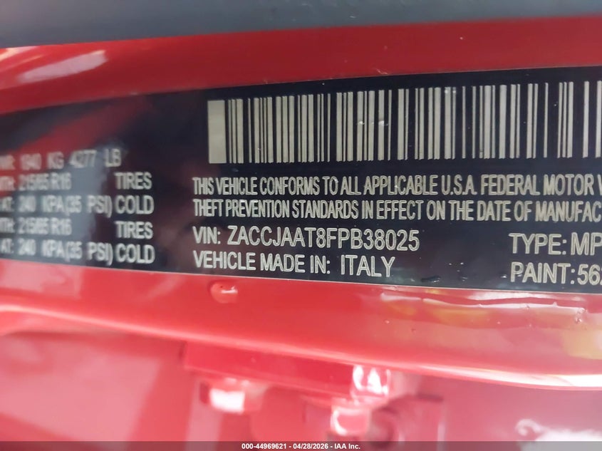 2015 Jeep Renegade VIN ZACCJAAT8FPB38025 IAAI salvage auction — FRONT END, Salvage (Georgia), sold $1,000 on 2026-08-05 (photo 9)