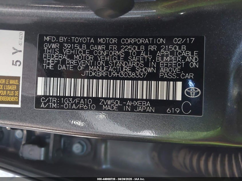 2017 Toyota Prius VIN JTDKBRFU9H3038337 IAAI salvage auction — FRONT END, Salvage Title, sold $650 on 2026-07-22 (photo 9)