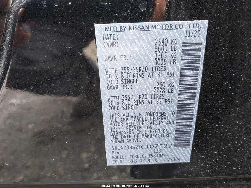 2026 Nissan Murano VIN 5N1AZ3BS2TC107527 IAAI salvage auction — REAR END, Salvage (Indiana), sold $11,950 on 2026-07-14 (photo 9)