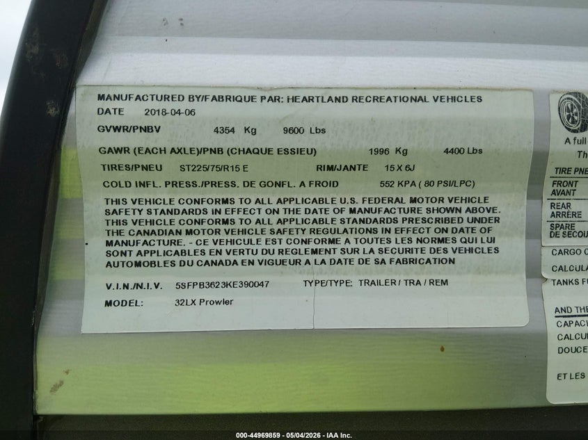2019 Heartland rv Other VIN 5SFPB3623KE390047 IAAI salvage auction — UNDERCARRIAGE, Salvage (Alabama), sold $525 on 2026-07-21 (photo 9)