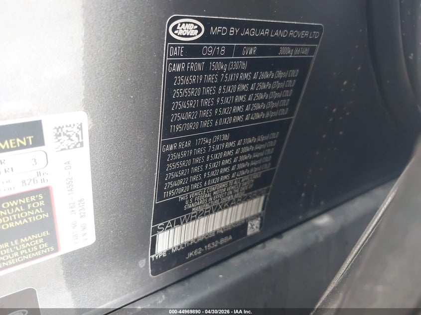 2019 Land rover Range rover sport VIN SALWR2RVXKA823826 IAAI salvage auction — LEFT REAR, Salvage (Idaho), sold $12,400 on 2026-07-28 (photo 9)
