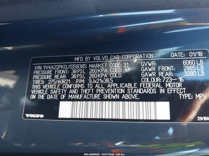 2018 Volvo Xc90 VIN YV4A22PK0J1358385 IAAI salvage auction — FRONT END, Salvage (Idaho), sold $5,450 on 2026-08-10 (photo 9)
