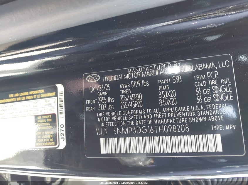 2026 Hyundai Santa fe VIN 5NMP3DG16TH098208 IAAI salvage auction — FRONT END, Salvage Title, sold $5,100 on 2026-07-18 (photo 9)
