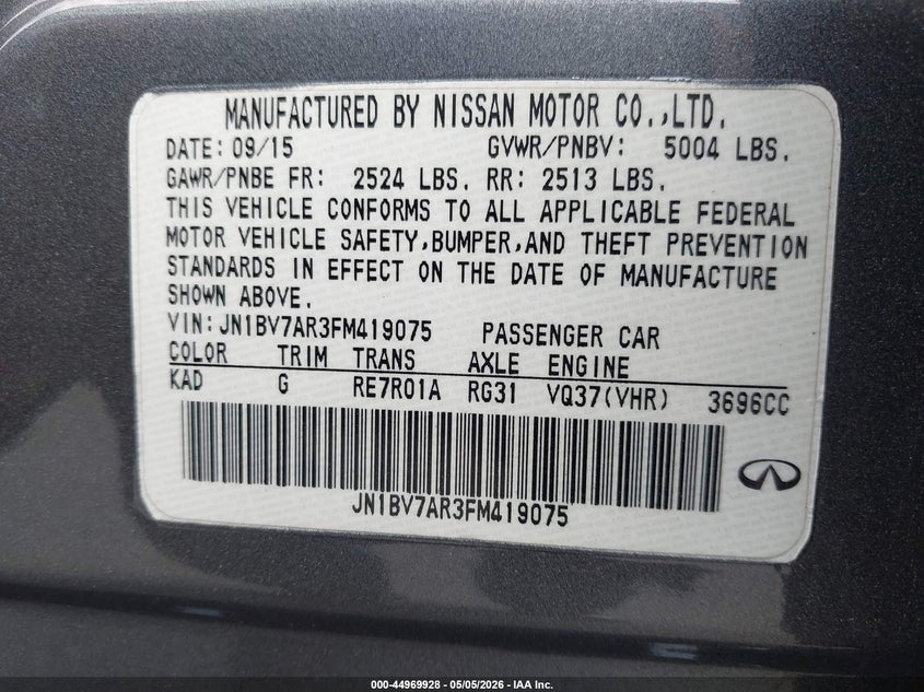 2015 Infiniti Q50 VIN JN1BV7AR3FM419075 IAAI salvage auction — LEFT REAR, Mv-907A (New York), sold $1,200 on 2026-07-09 (photo 9)