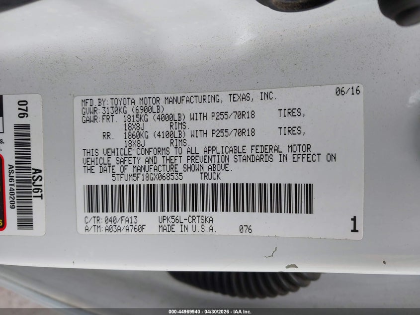 2016 Toyota Tundra VIN 5TFUM5F18GX068535 IAAI salvage auction — RIGHT SIDE, Salvage (Idaho), sold $4,150 on 2026-07-15 (photo 9)